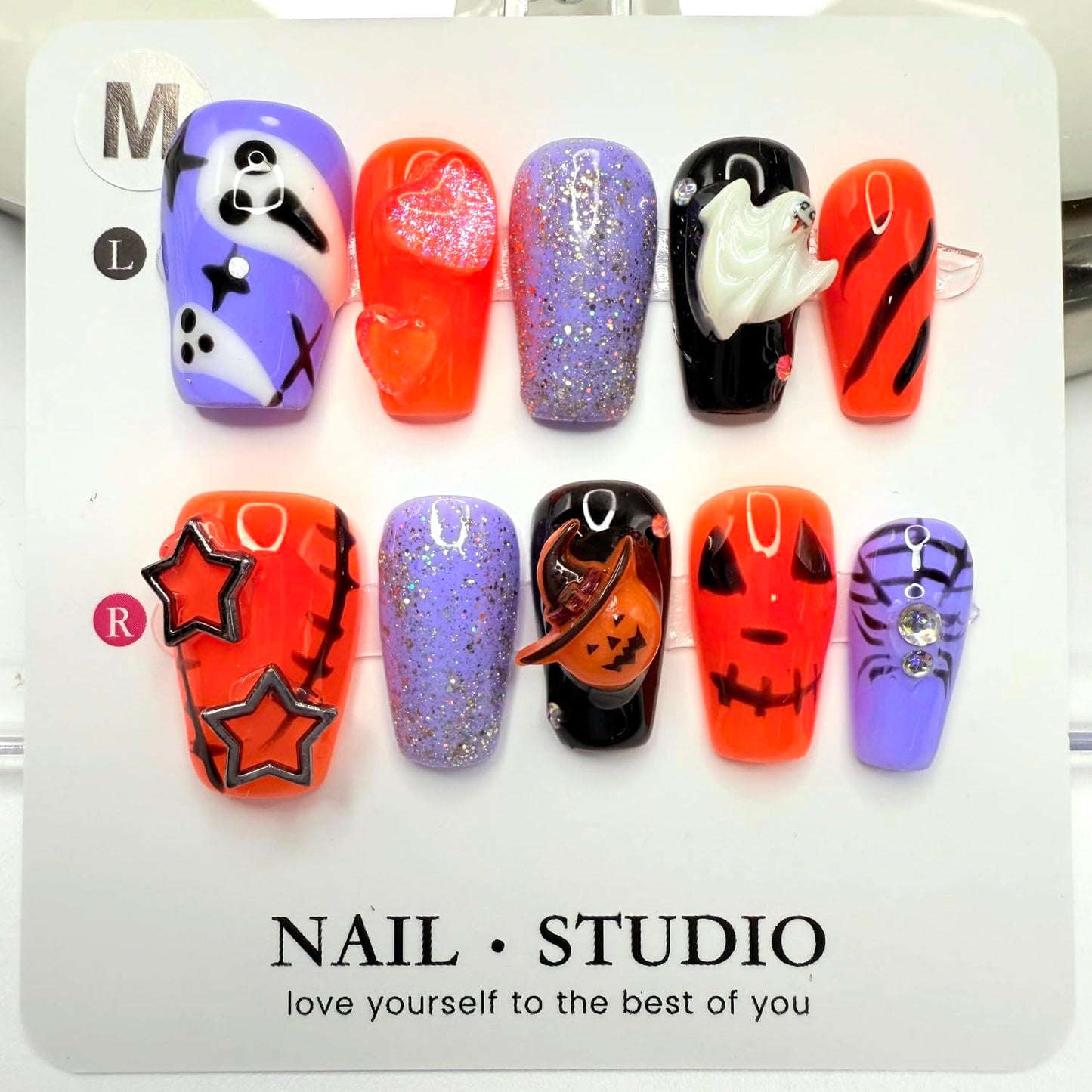 Halloween Press on Nails Handmade Ghost Press on Nails Short Coffin Fake Nail with Pumpkin Head Spider Designs Full Cover Glitter Halloween Glue on Nail for Women Girls (Size S)