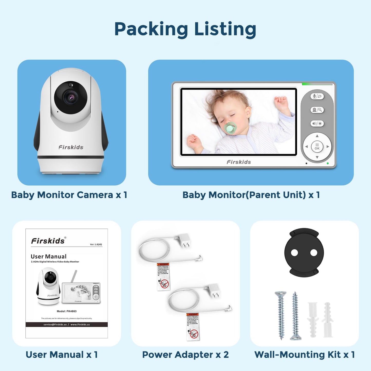 Firskids Baby Monitor no WiFi Needed, Long Range Baby Monitor with Camera and Audio, Pan-Tilt-Zoom Baby Camera Auto Night Vision VOX Lullabies 2-Way Audio