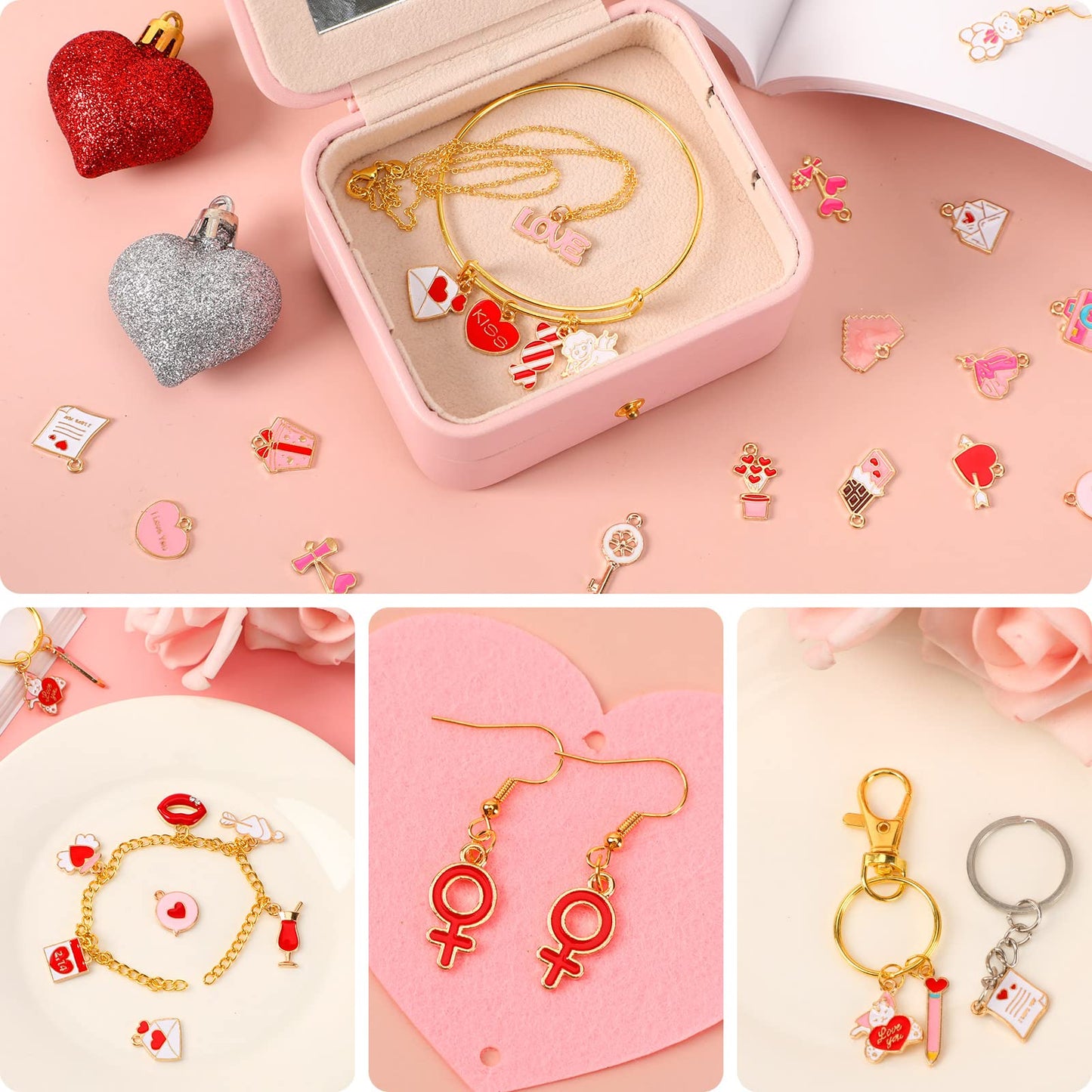 SANNIX 110Pcs Valentine's Day Charms Gold Enamel Jewelry Making Charm Pink Pendants for Valentines Bracelet Necklace Earrings Making