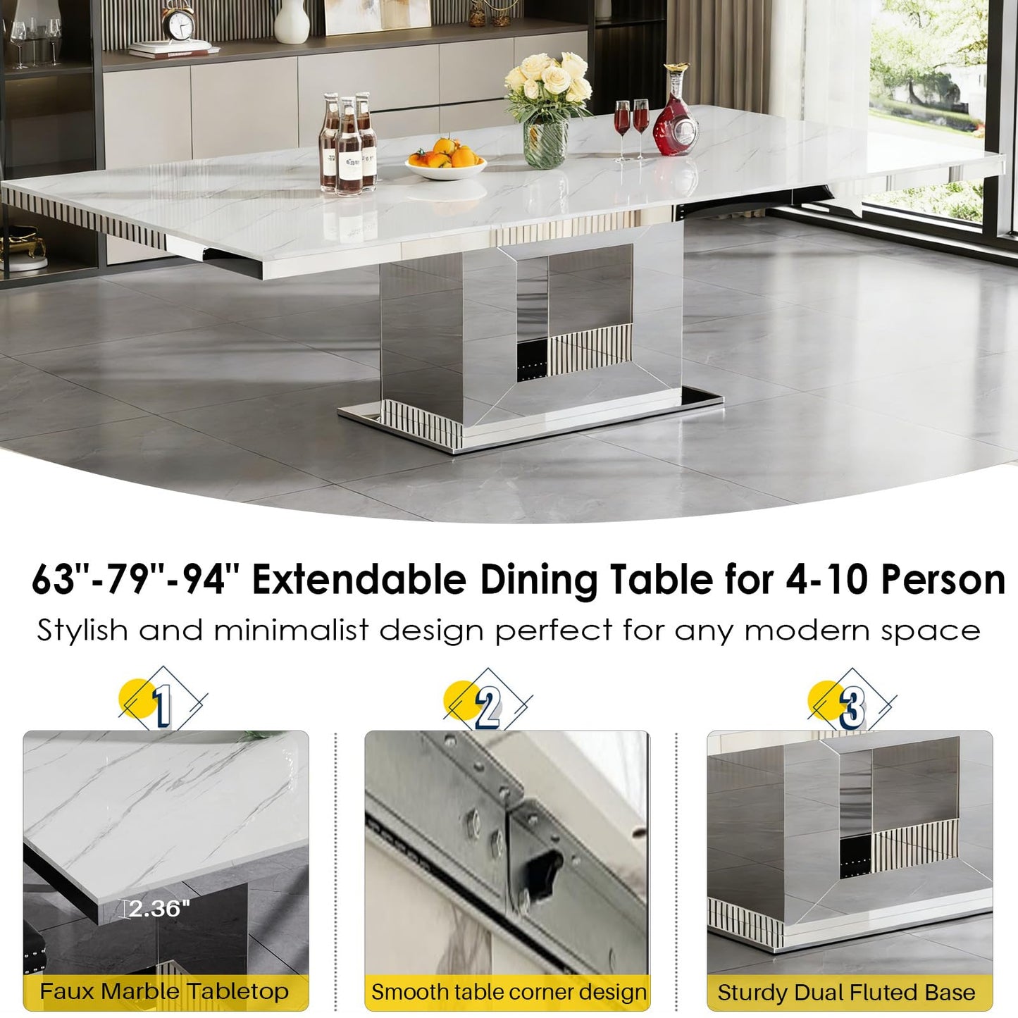 White Marble Extendable Dining Table Set for 10, 11-Piece Extendable Kitchen Table Set with 10 Blue Velvet Chairs, Modern 63"-94" Expandable Dining Room Table Set with Mirrored Pedestal for Kitchen