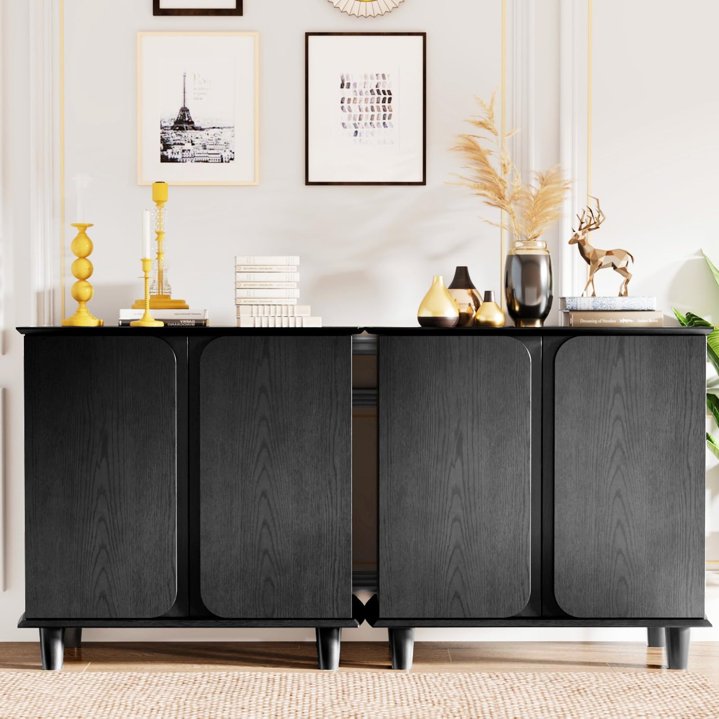 Plamle Curved Edge Sideboard Buffet Cabinet with Storage, Modern Black Freestanding Kitchen Cabinet with Raised Legs and Smooth Paint Finish for Living Room, Entryway, Dining Room