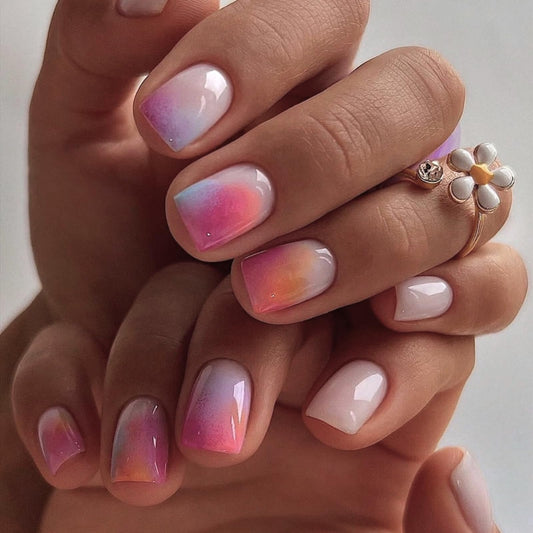 Gentle Claws Haute Press On Nails | Nubela | Gradient Pink, Blue, Orange Multicolor Short Square Nails with Shimmery Glossy Finish