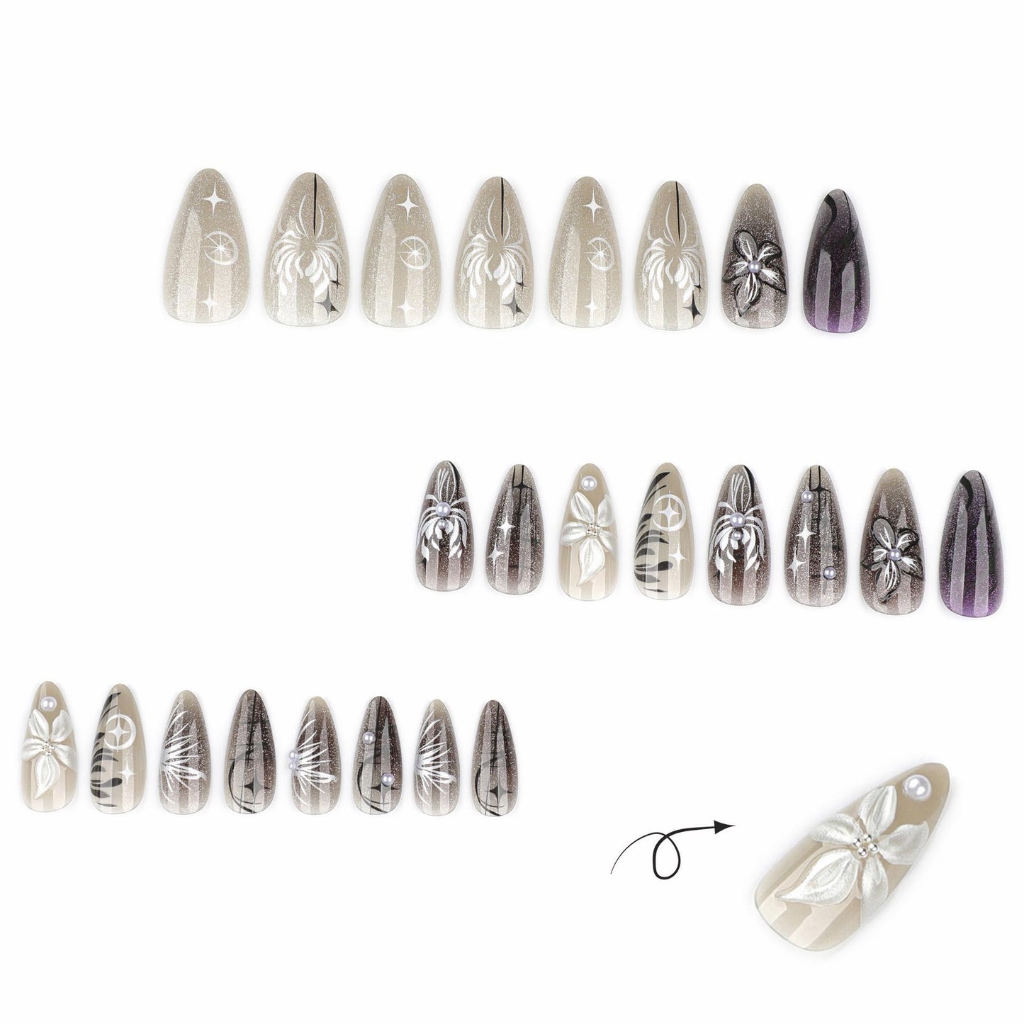 Medium Press on Nails Almond - Ombre Black Fake Nails with 3D Flower Design - Y2k, Full Cover Stick on False Nails - for Women 24 Pcs