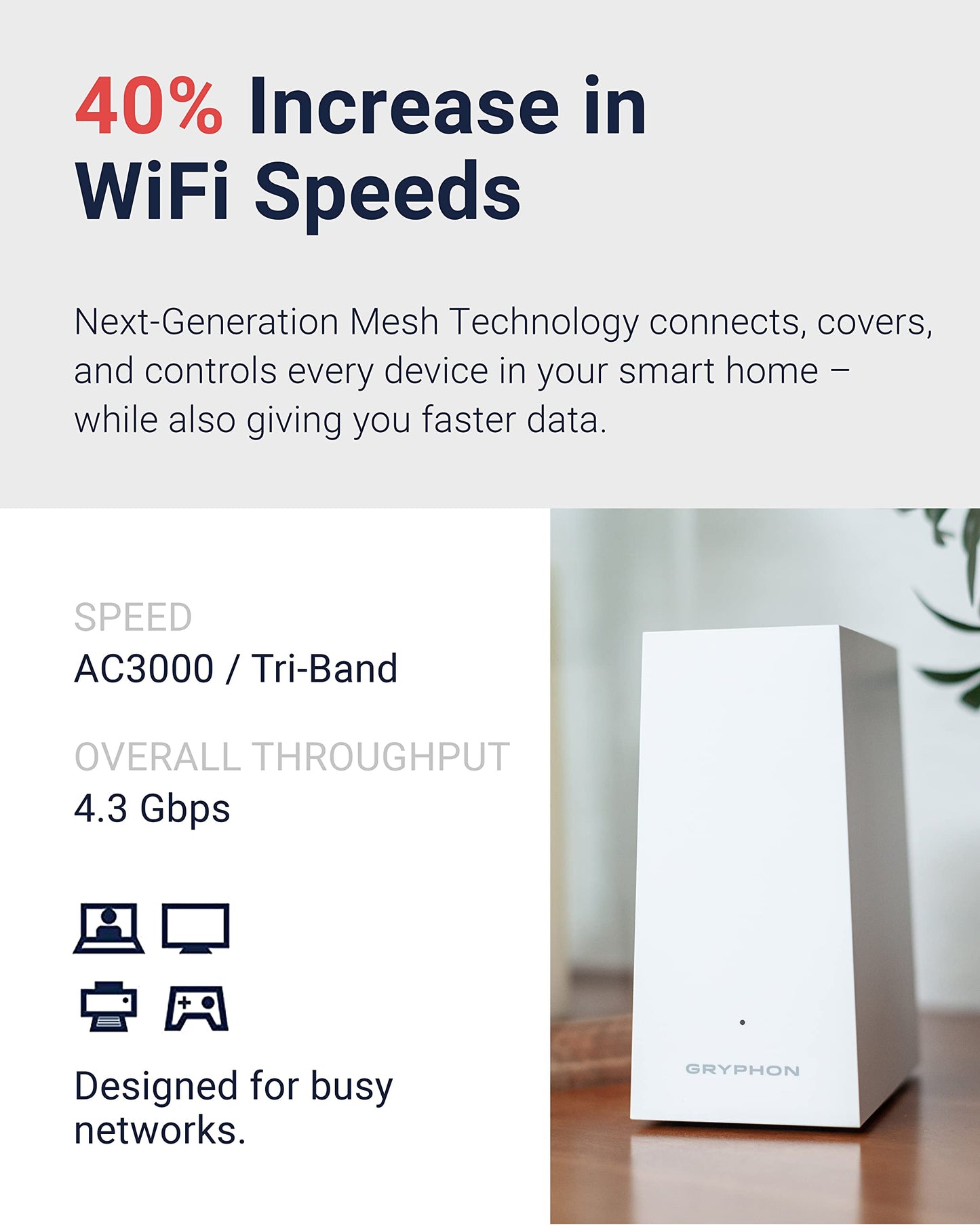 Gryphon AX – Ultra-Fast Mesh WiFi 6 Parental Control Router – Advanced Content Filters and Next-Gen Firewall - 4.3 Gbps Across 3,000 sq. ft. per Router for Multi-Device Households
