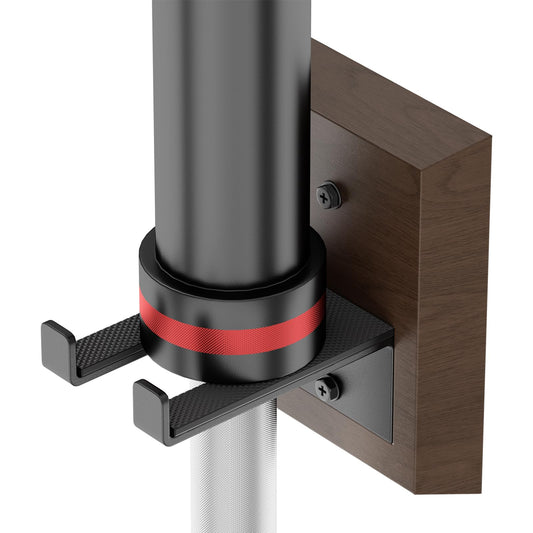 DEMEGA Barbell Wall Mount, Olympic Barbell Holder for Garage Gym, Vertical Bar Rack with Wooden Spacer Pad - Black Powder Coated Iron & Rubber Wood Base, Anti-Scratch Wall Protection & Extra Stability on Uneven Walls - Space Saving Home Gym Accessory, Bar