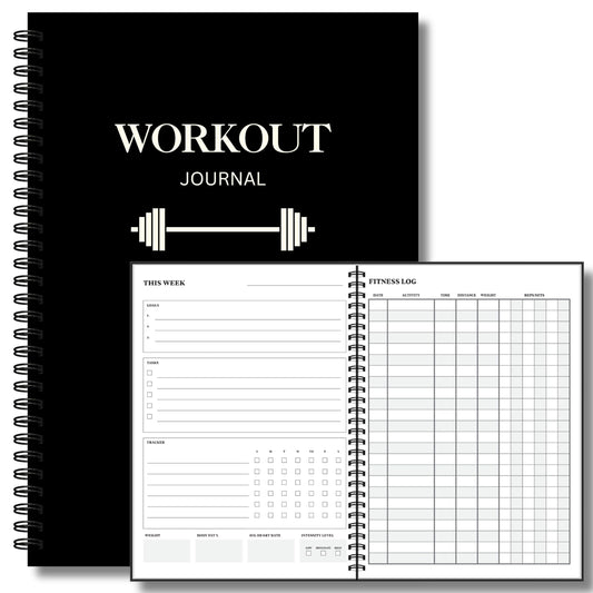 Workout Journal for Men – Fitness Journal & Workout Logbook, Gym Fitness Planner Journal with 52 Weeks of Tracking - Exercise Book for Weight Loss & Training – 8.2 x 6 inches – Spiral Hard-Cover - Black