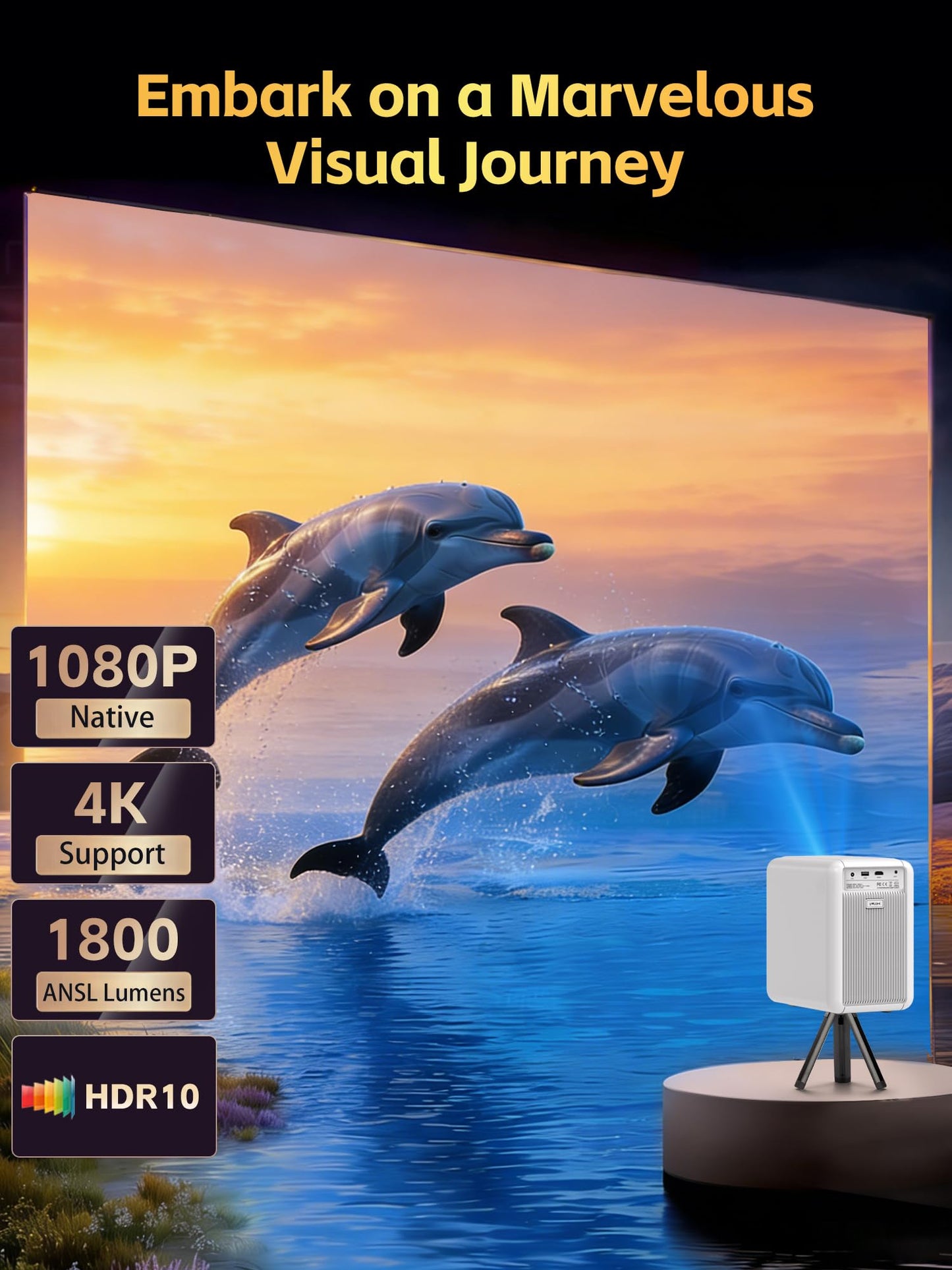 1800 ANSI Native 1080P Bluetooth Projector, Auto Focus Auto Keystone 4K Support Projector, Smart Video Indoor Projector with Wifi 6 And Bluetooth,Smart Streaming for Home Theater Office Game Projector