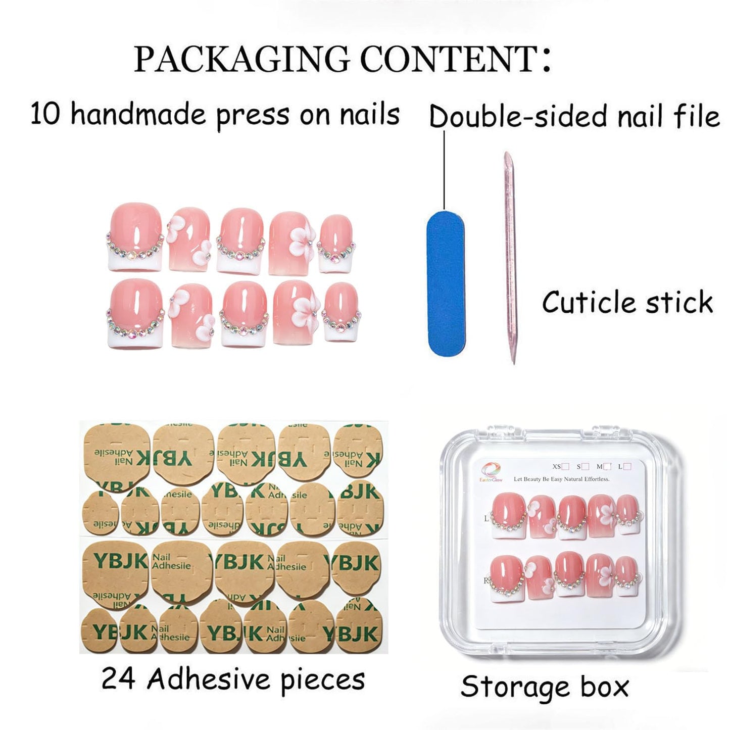 EasierGlow 10 Pcs Handmade Short Square Press On Nails - Easy Apply & Remove, Reusable Salon Quality | Pink White French Press Ons with 3D Flower & Iridescent Rhinestone Chain Accents (EGB01, S)