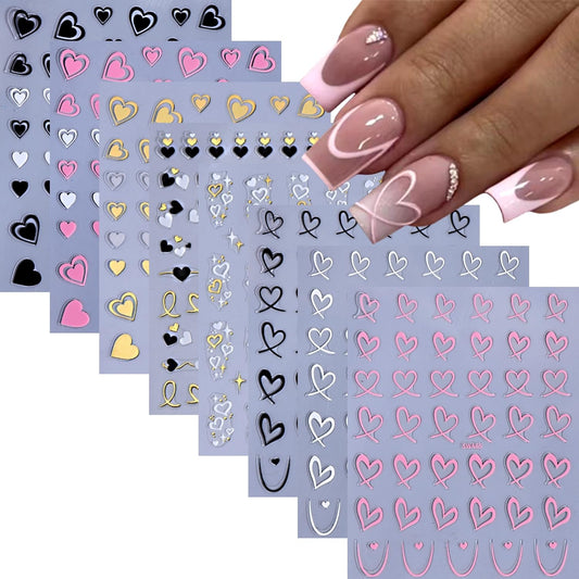 8 Sheets Valentine's Day Nail Stickers for Nail Art 3D Self Adhesive Heart Nail Art Stickers Black White Pink Valentine's Day Nail Decals Heart Nail Design Valentine Nail Art Supplies for Women