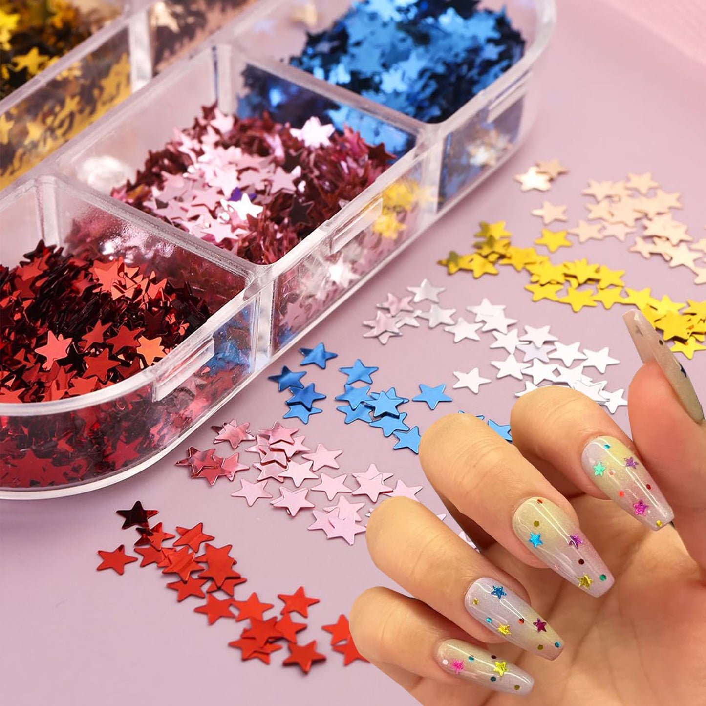 Stars Nail Art Glitter Sequins - 6Grid 3D Sparkly Five-Pointed Star Nail Flakes Designs, Holographic Star Nail Glitters for Nails Supplies Star Nail Flake for Independence Day DIY Crafts Holiday Party