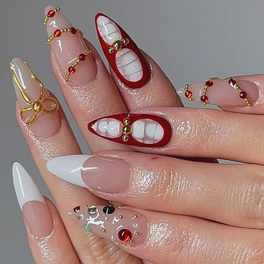 Press on Nails Medium Almond Fake Nails with 3D Water Droplets Pearl Rhinestones Bow Designs White French Tip Glue on Nails Press ons Nude Pink False Nails for Women 24Pcs