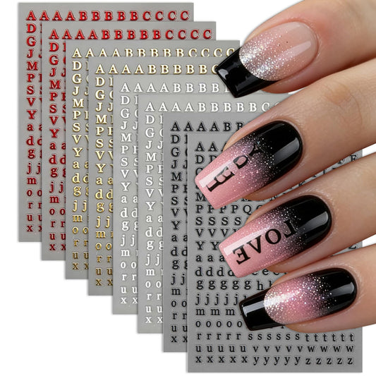 8 Sheets Letter Nail Stickers 3D Self-Adhesive English Alphabet Nail Decals Black White Gold Red Nail Stickers for Women Manicure Decorations