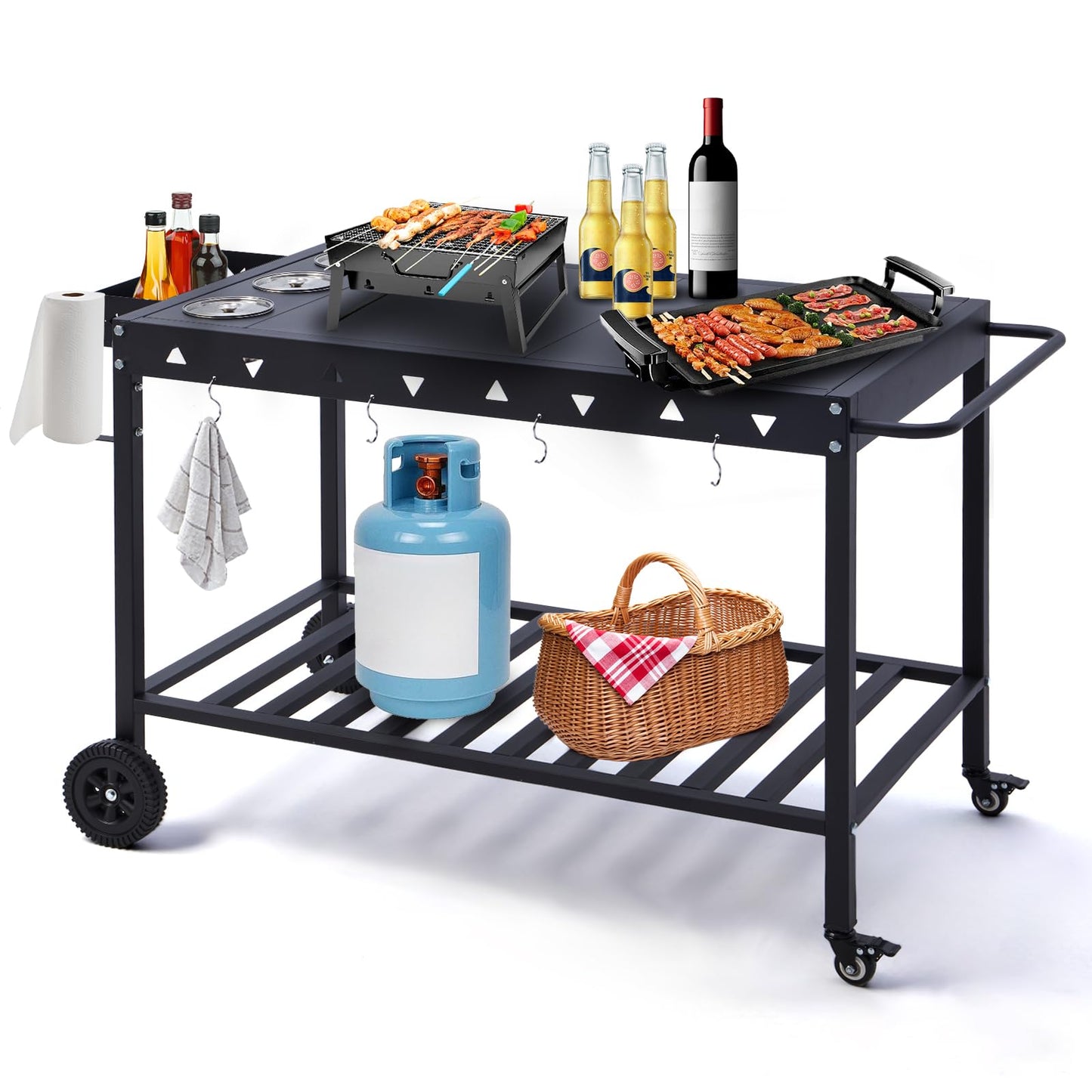 GVGBUK Portable Outdoor Grill Table with Wheels, Heavy-Duty Griddle Stand Grill Cart with Shelves,Towel Holder, Spice Pots & Bottle Opener, Multi-Functional BBQ Prep Station & Utility Cart