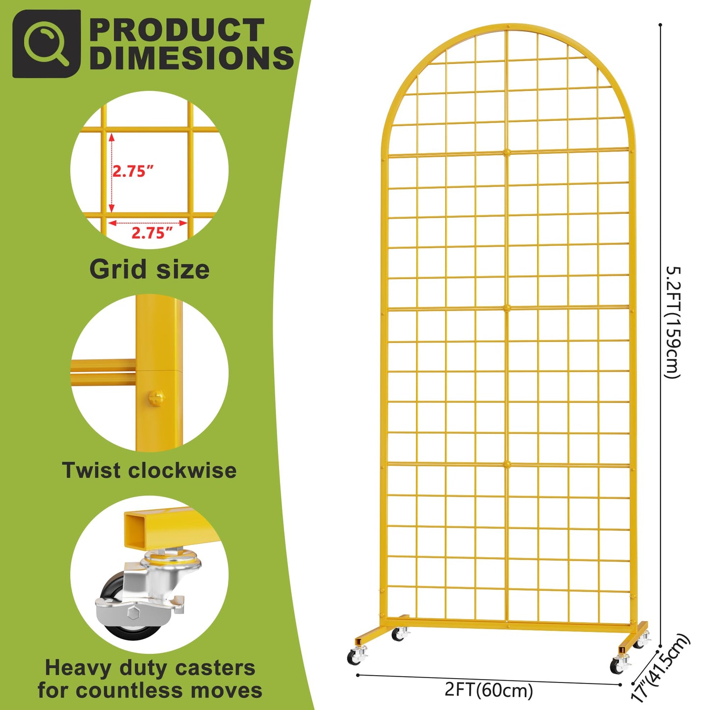 VGMiu Grid Wall Panel 1PCS Display Stand 2' x 5.2' FT Gold Grid Wall Panels Movable Retail Display Racks Floorstanding Gridwall Heavy Duty with Wheel for Art Craft Photo Displays Fair Trade Show