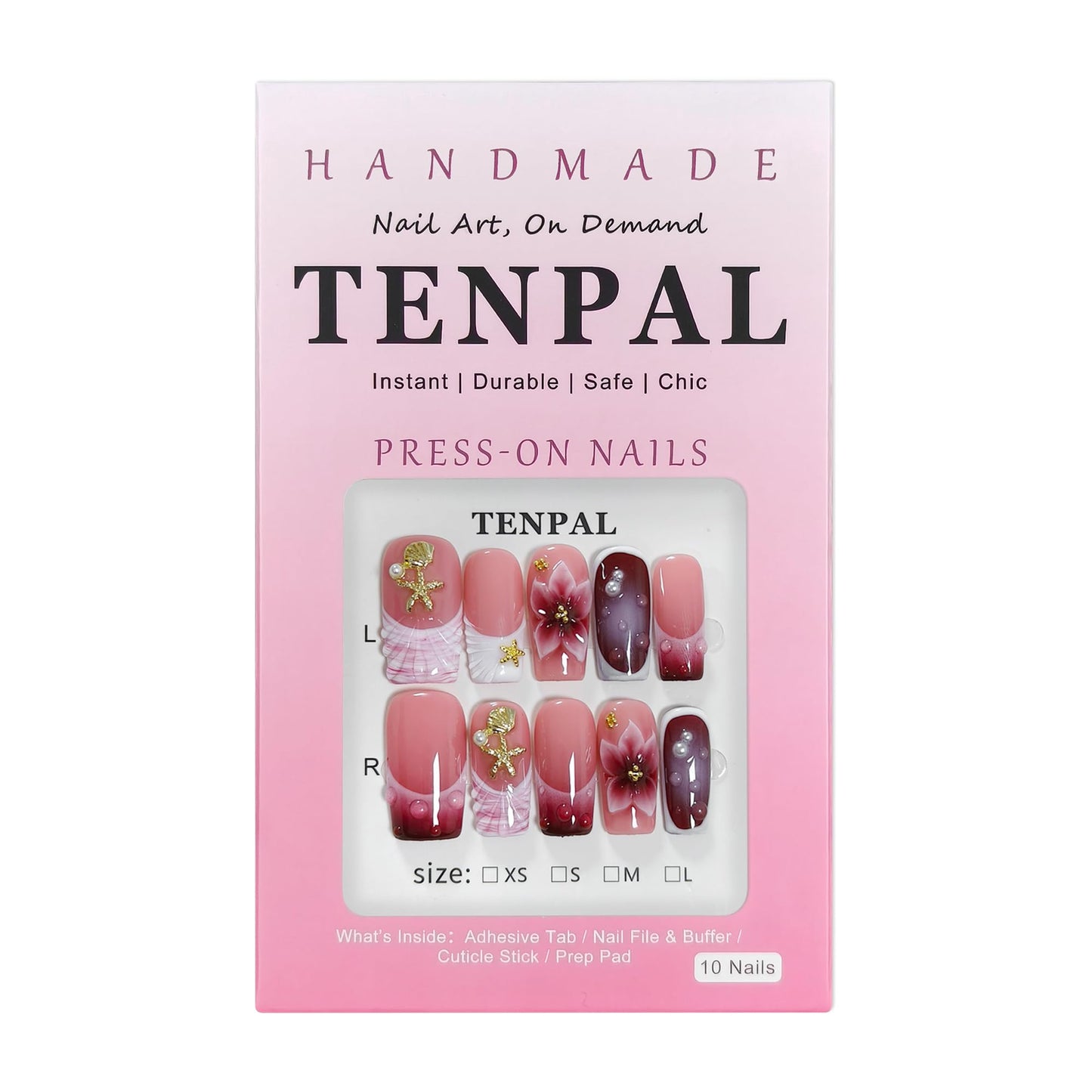 TENPAL Handmade Press on Nails Medium Coffin-Nude Pink Wine Ombre Fake Nails with 3D Teardrop Metal & Ocean Floral Design,Blushing Acrylic Glossy False Nails with Crystal Y2K Style For Women Girls(S)