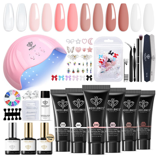 Modelones Poly Extension Gel Nail Kit, 6 Colors Pink Nude Polygel Toenail Kit with 48W U V/LED Lamp Slip Solution 3D Bow Pearl Charms Decoration Rhinestone Glitter Tools for Manicure Beginner Kit DIY