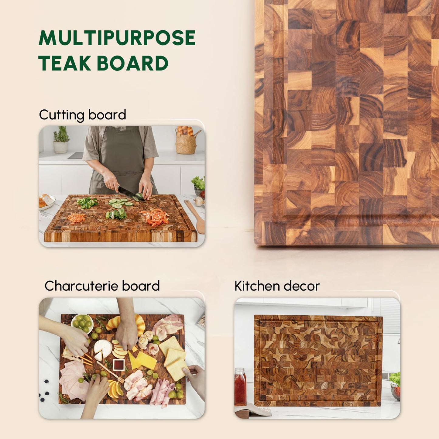 BEEFURNI Teak Wood End Grain Cutting Board (XL, 24x17x1.5"), Extra Large Wooden Cutting Boards for Kitchen, Serving & Charcuterie Boards, Premium Wood Cutting Board, 1-Year Warranty