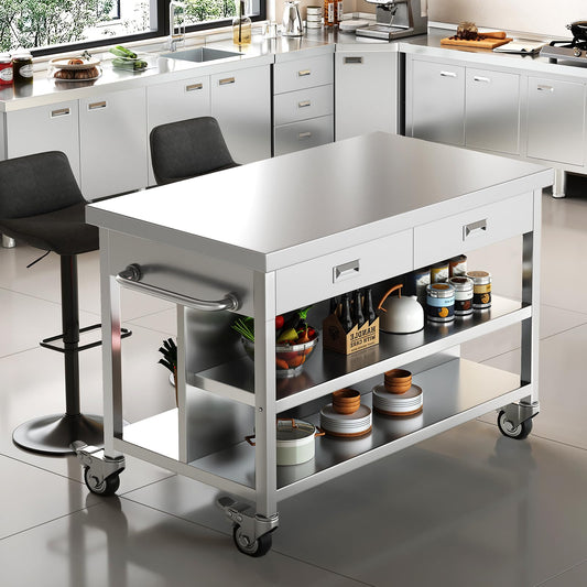 Stainless Steel Kitchen Island with Storage, Rolling Kitchen Island Cart on Wheels with 2 Drawers, Industrial Kitchen Cart, Commercial Portable Island for Kitchen, Bar, Outdoor Patio, 25 x 50 x 37 in