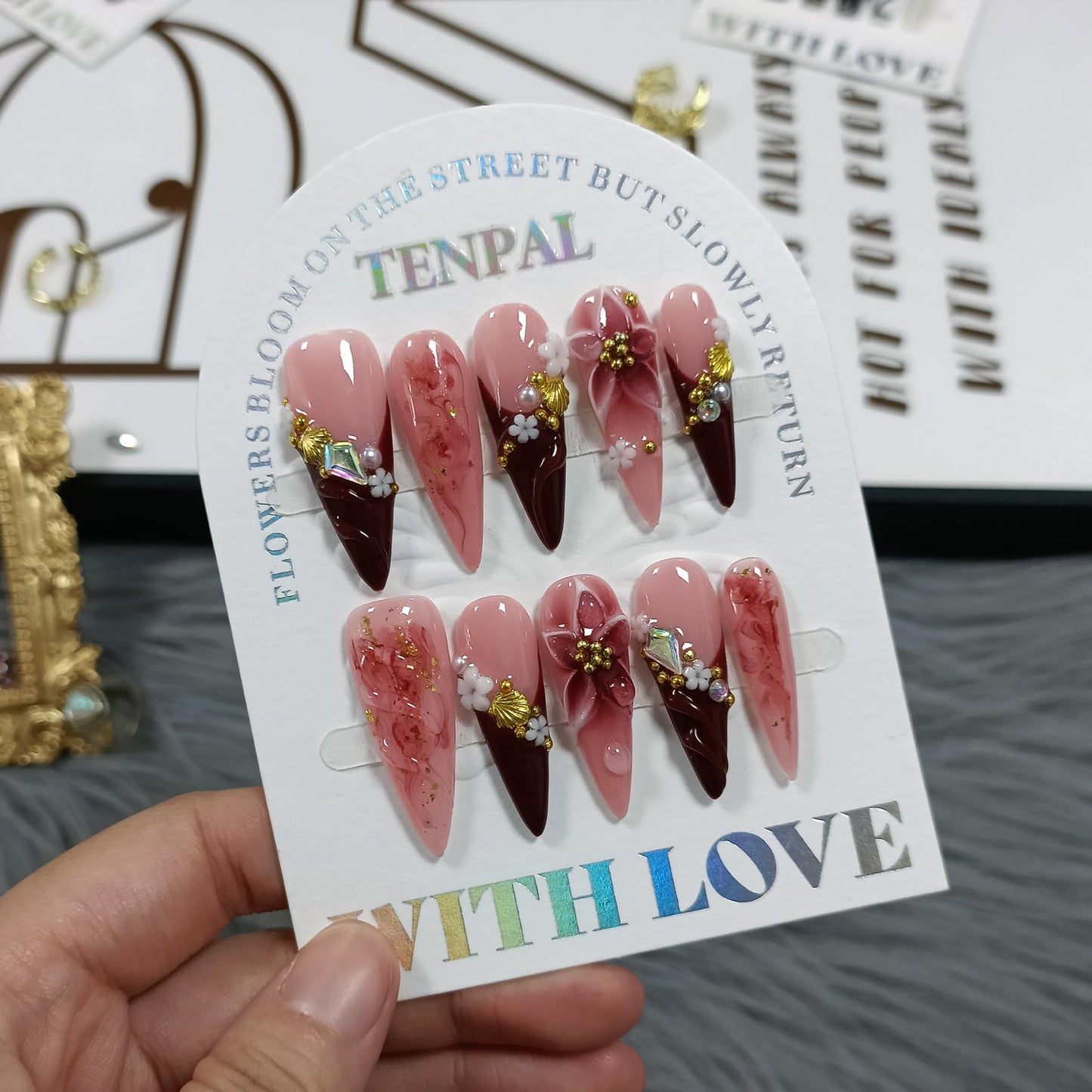 TENPAL Handmade Press on Nails Long Stiletto - Burgundy French Tips 3D Floral Embossed Glossy False Nails for Women Girls Fall Winter- Glossy Acrylic Y2K Nails for Parties Date Daily Wear(M)