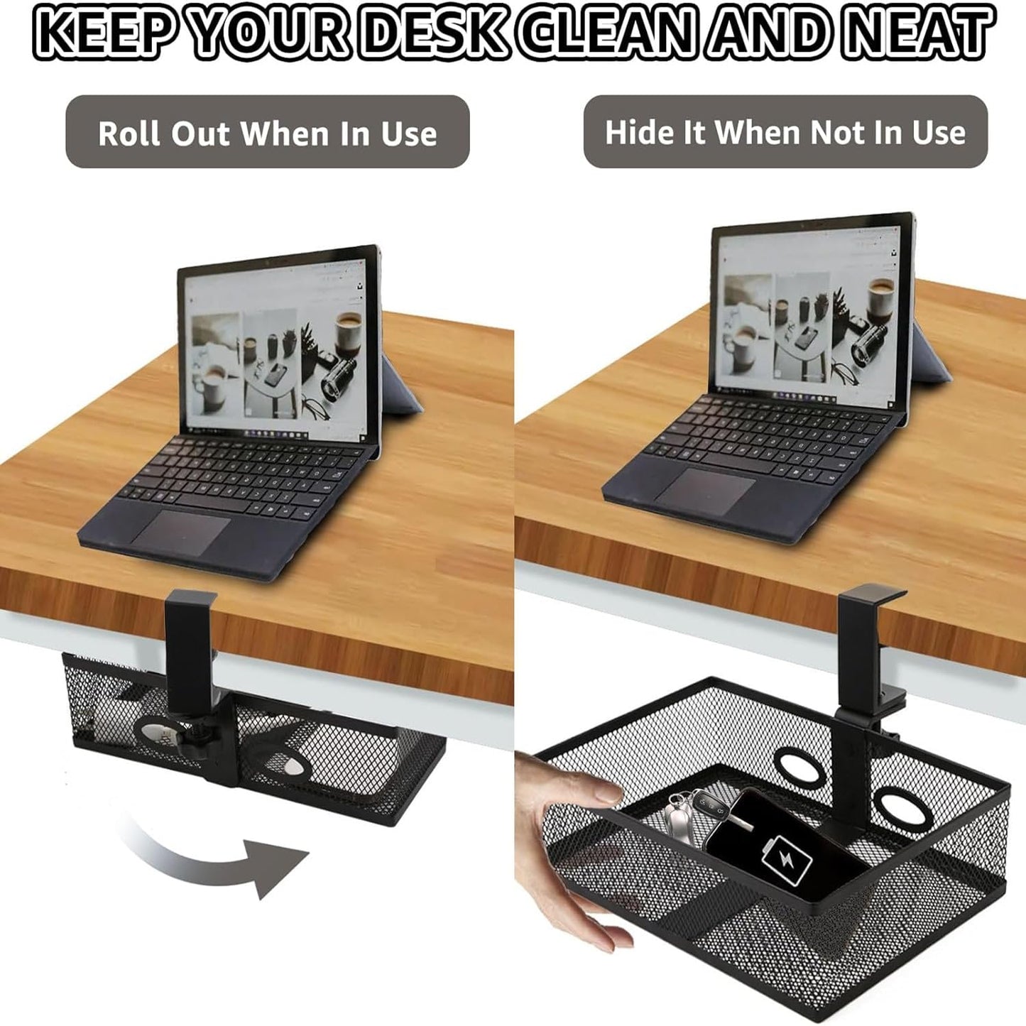 RHBLME Black Under Desk Drawer Storage - 360-Degree Rotating Desk Organizer Clamp-on Swivel Pencil Drawer Shelf for Office Tables