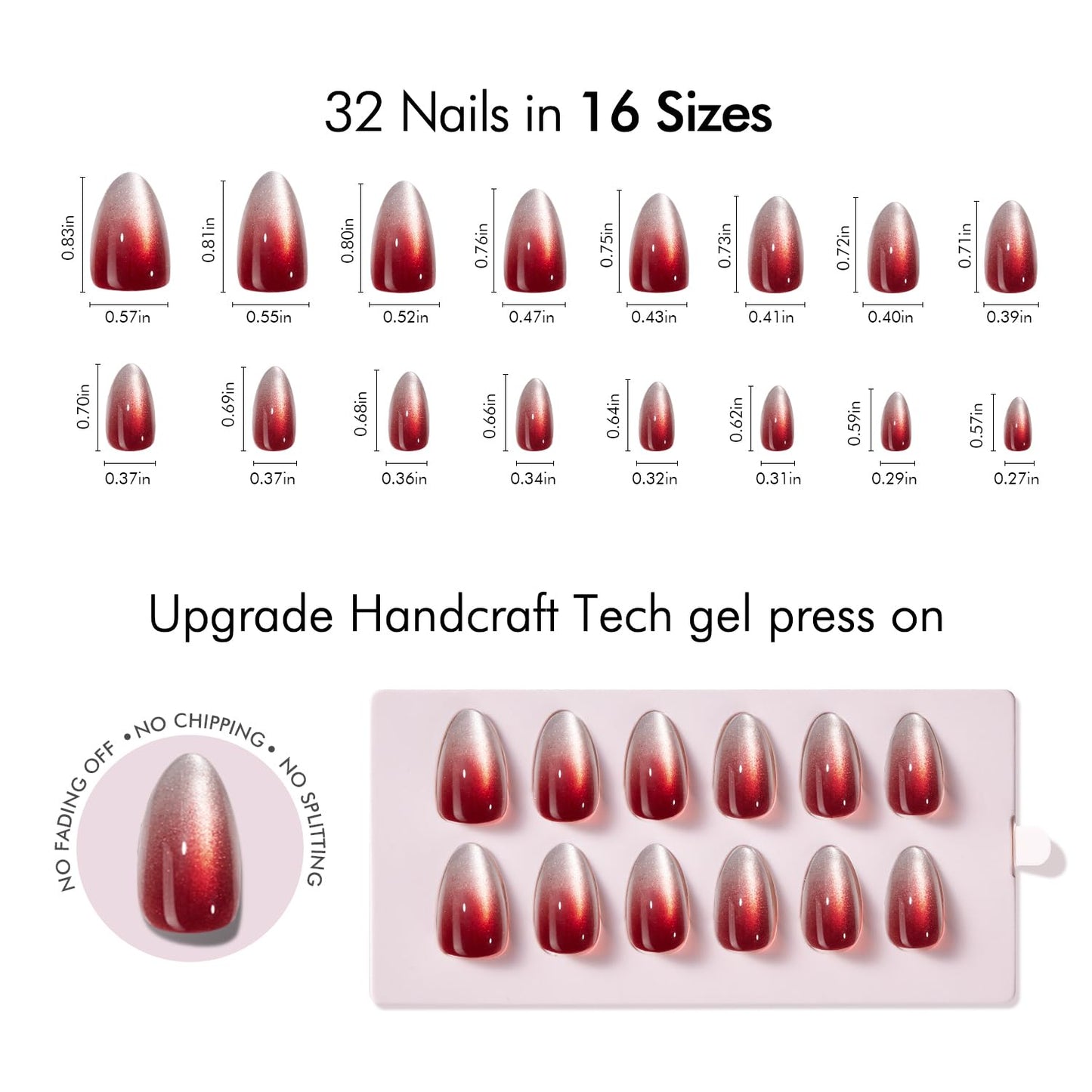 VSALON Press-On Nails Short Almond Red Ombre Cat Eye Fake Nails, 32 PCS in 16 Sizes, Reusable Nail Kit with Long-Lasting UV Glue, Adhesive Tabs & Nail Glue & Nail Lamp