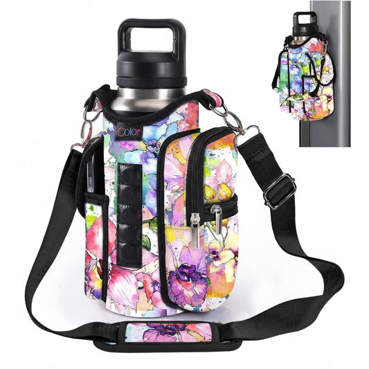 icolor Magnetic Gym Bag Water Bottle Carrier Holder with Phone Pockets & Shoulder Strap,5 Built-in Magnets Gym Bottle Pouch Sleeve,Magnetic Bag Gym Accessories Organizer for Men Women (Color-Flower)