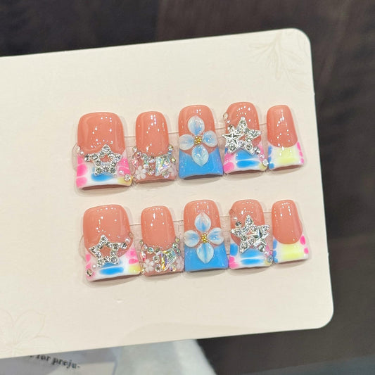 10 Pcs Handmade Duck Press on Nails Medium Length Fake Nails 3D Flower and Rhinestone Designs False Nail Reusable Artificial Blue Full Cover Acrylic Nail Press Ons for Women Girls (Size M)