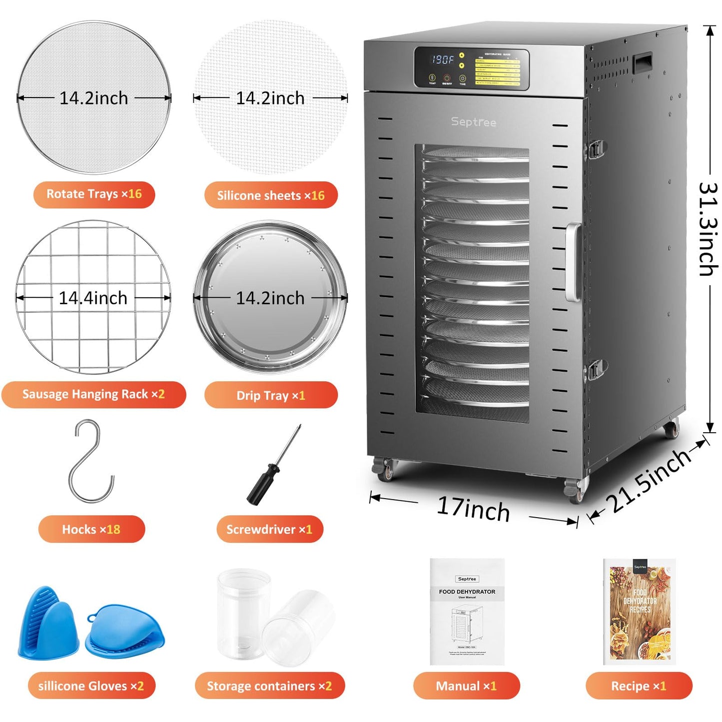 Septree Rotary Food Dehydrator 16 Trays, Commercial Large Rotating Food Dryer Machine for Jerky, Herbs, Mushrooms, Fruit, Dog Treats, 1500W Full Stainless Steel Industrial Dehydrater (Gunmetal Gray)