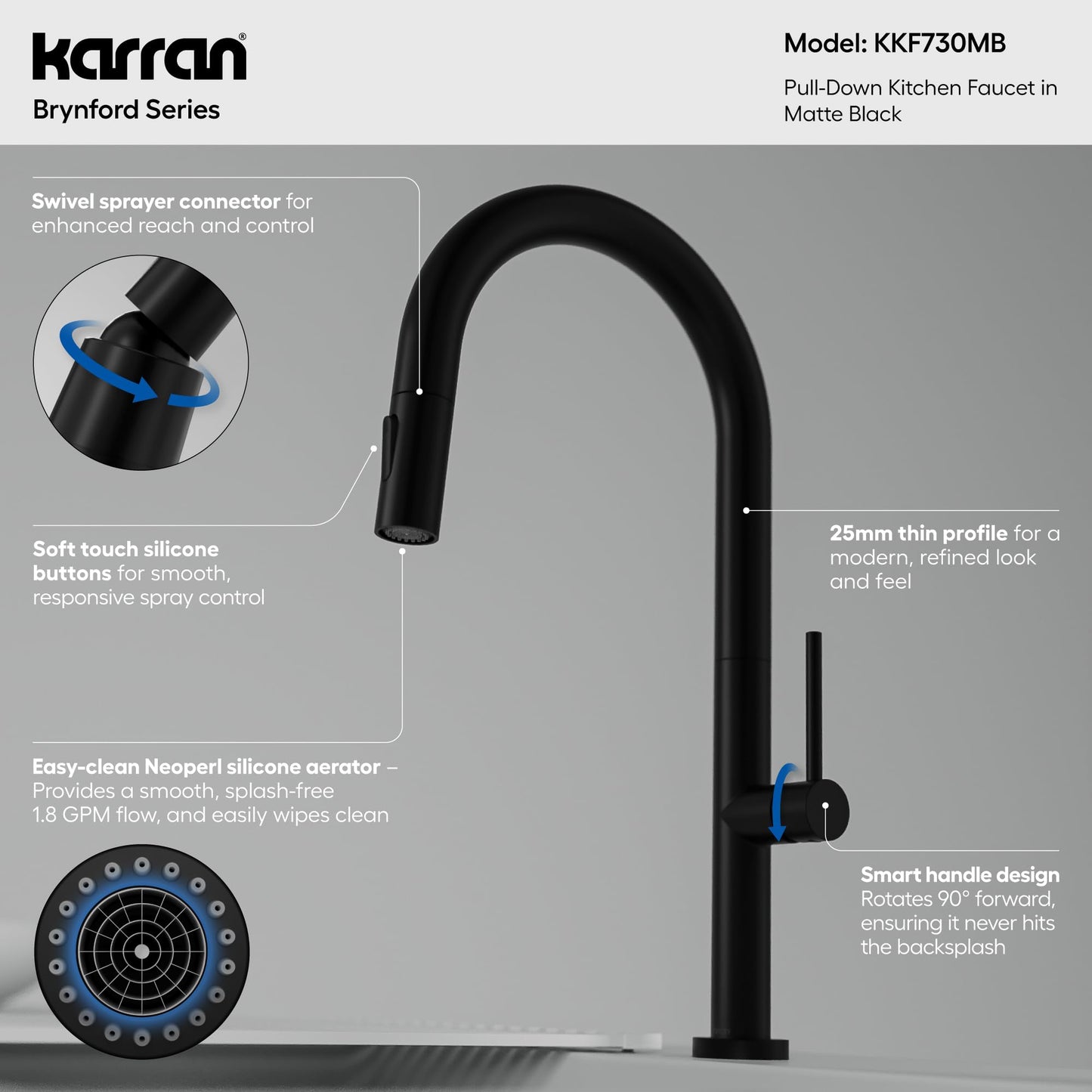 Karran Brynford Matte Black Pull-Down Kitchen Faucet, Single Handle High-Arc Design, 2-Function Spray Head, Modern 25mm Thin Profile, 26½″ Braided Retractable Hose