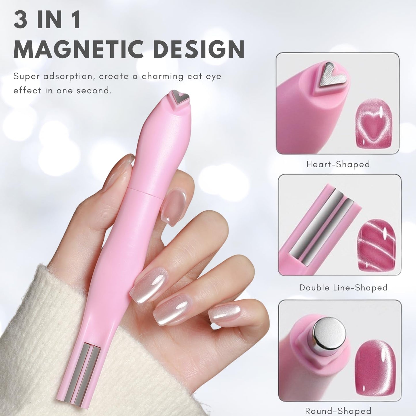 Nail Polish Magnet, 6-in-1 Cat Eye Magnet Kit for Nails, 3-in-1 Nail Polish Magnet Nail Art Tools with 5 Magic Design Plates, For Home DIY & Salon Use, Create Salon Looks Easily (Pink)