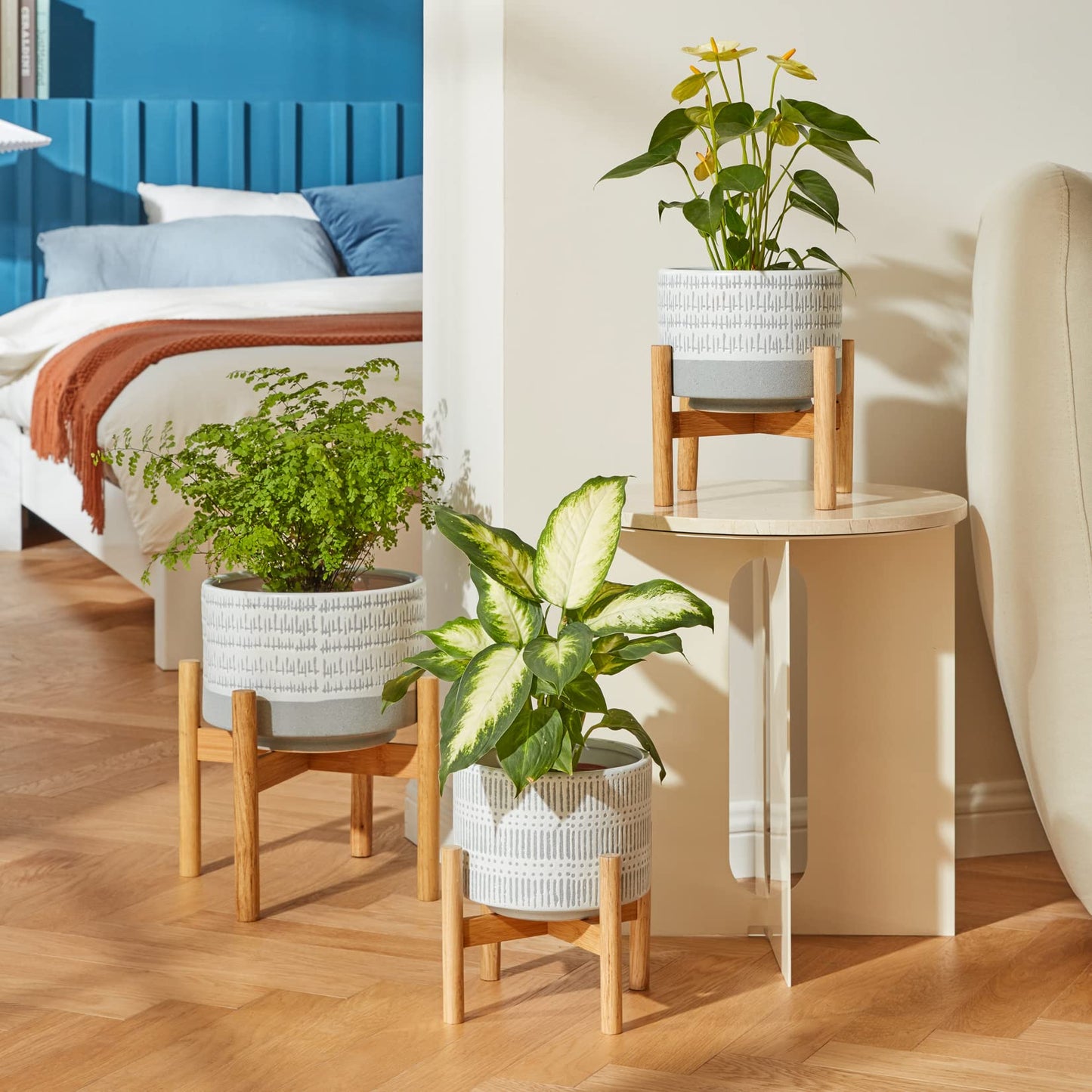 LA JOLIE MUSE Ceramic Plant Pot with Wood Stand - 7.3 Inch Modern Round Decorative Flower Pot Indoor with Wood Planter Holder, Slate Blue and White
