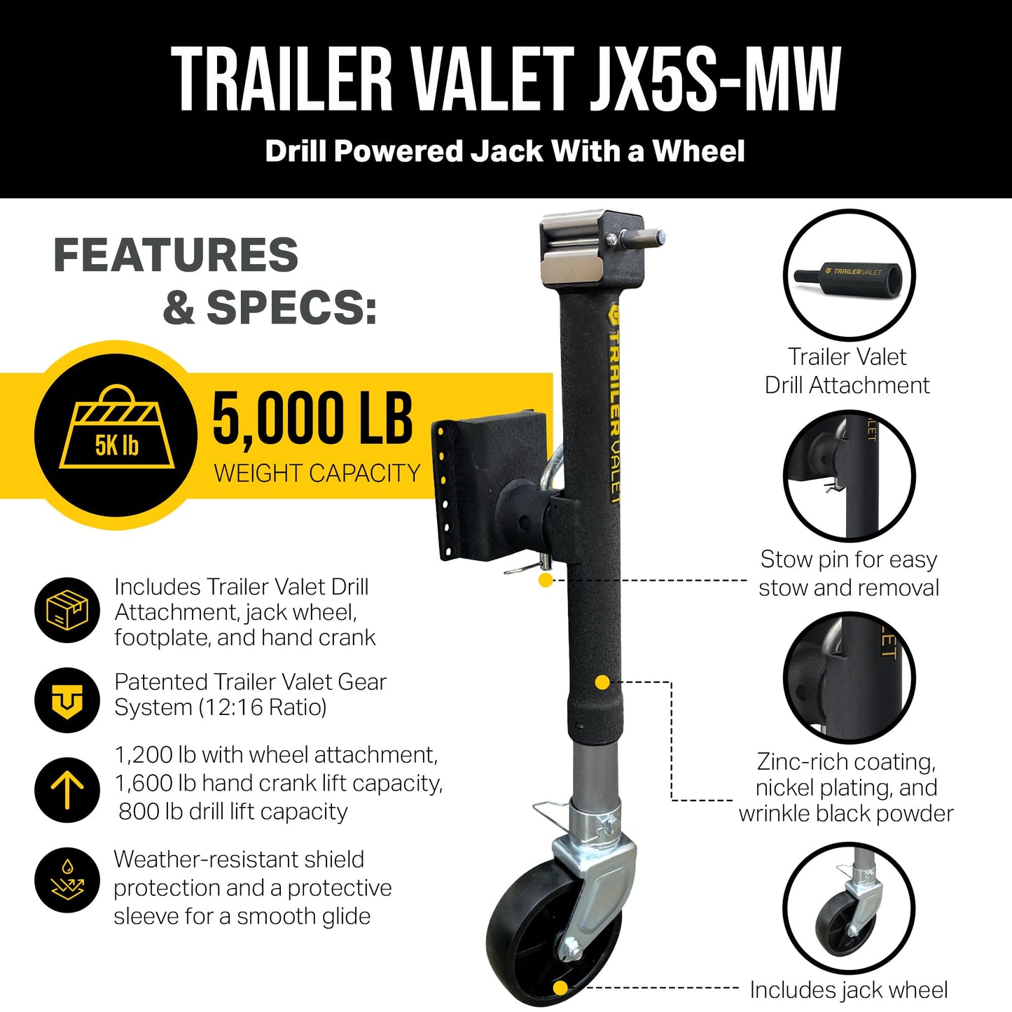 Trailer Valet Side Mount Trailer Jack with Drill-Powered Operation and Wheel Attachment, 5,000 LB Static Capacity, Wrinkle Black Finish, Manual Crank and Drill Adapter Included