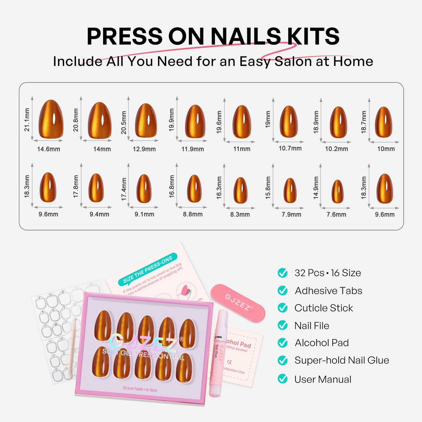 Orange Press On Nails Short Almond - GJZEZ Soft Gel Amber Cat Eye Nails Press Ons Fall Thanksgiving, Salon Quality Magnetic Cateye Glass Glue On Nails | 16 Sizes - 32 pcs Reusable Nail, Maple Syrup