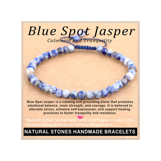 AD Beads 4mm Blue Spot Jasper - Calmness and Tranquility - Handmade Natural Stone Crystal Bracelet with Adjustable Macrame String - Yoga Healing Power Energy Gifts for Men and Women