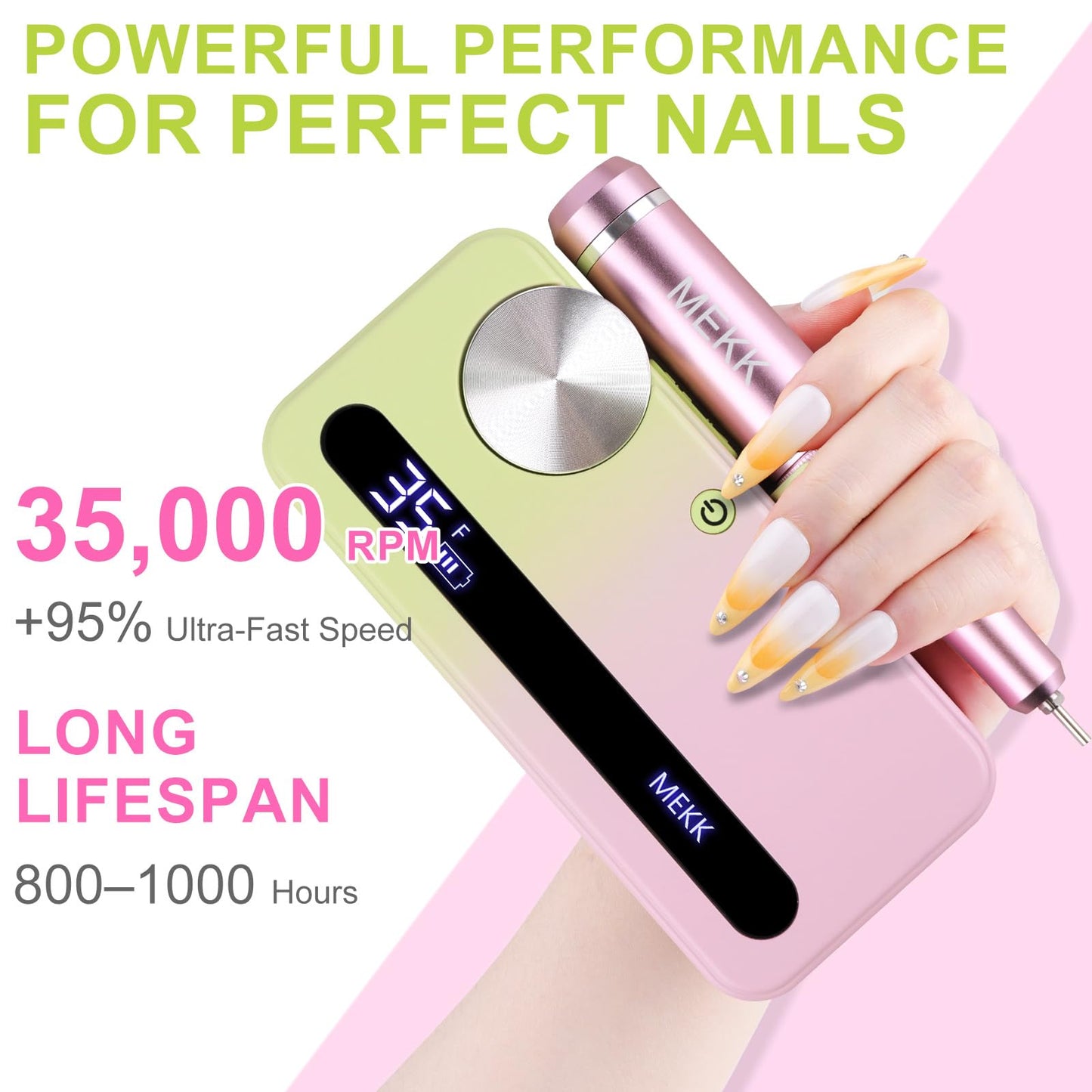 MEKK Nail Drill Kit,35000RPM Electric Nail Drill Professional Electric Nail File with 12PCS Bits,Anti-Shaking Cordless E Filer for Nails with LCD Display,Home & Salon (Pink-Green)