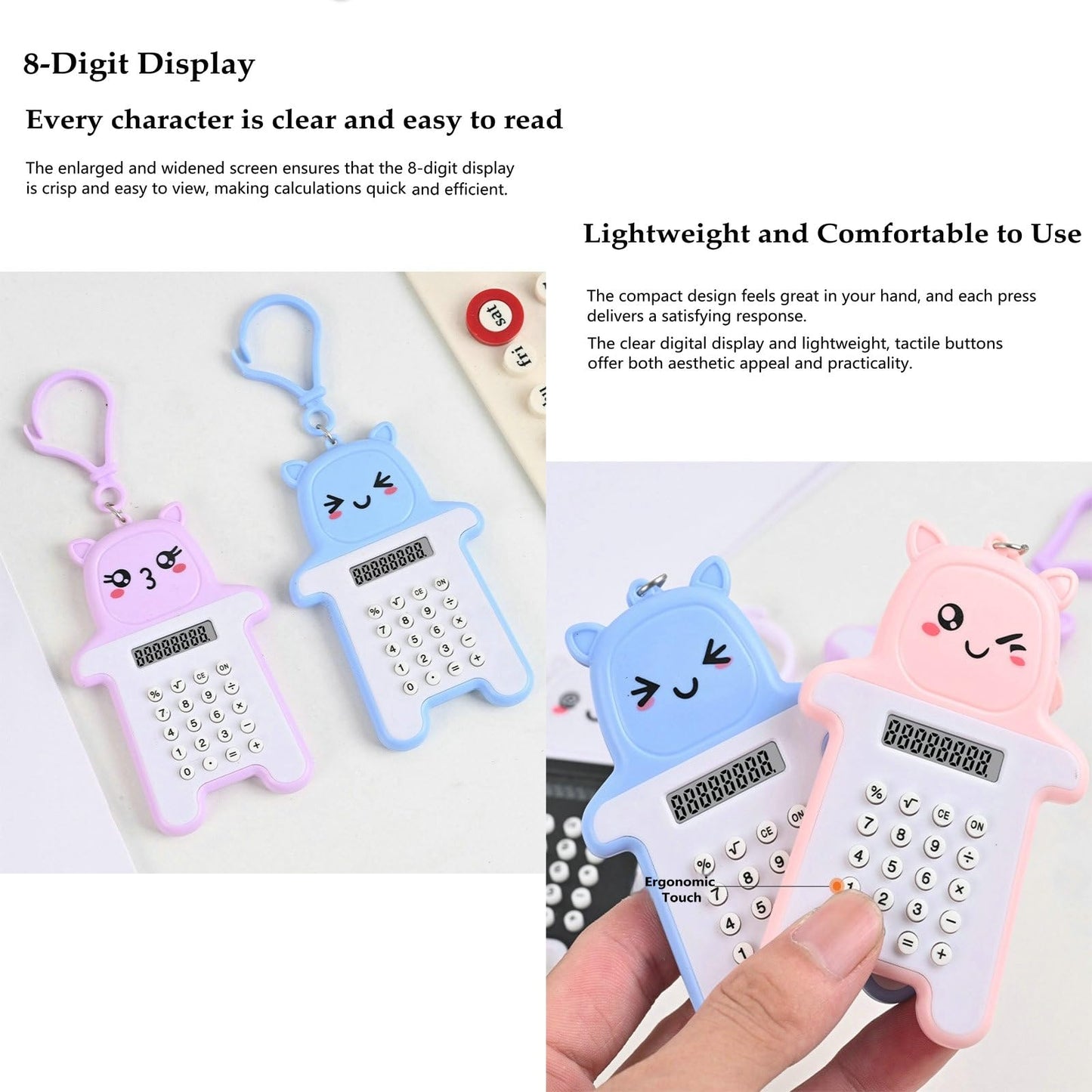 MLWSHR 6-Pack Cute Mini Keychain Digital Calculators, 8-Digit LCD Display, Cartoon Design, Portable for School & Office, Kids Calculator, Battery Powered (Included)