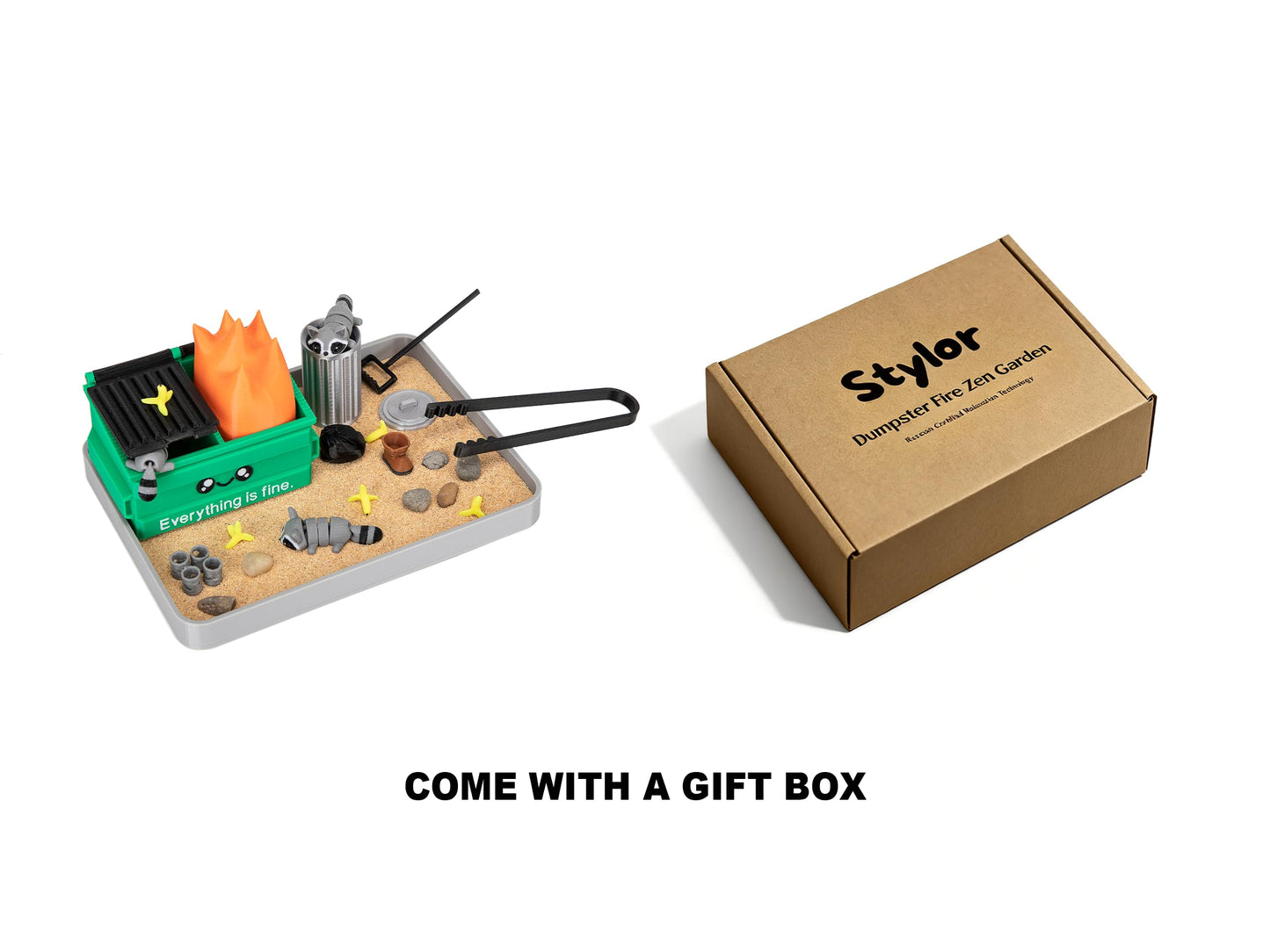 Stylor Dumpster Fire Zen Garden Desk Decor - 3D Print Plastic Miniature Sandbox with Raccoon & Flames, Humorous Office Stress Relief Gift, Includes Stones, Sand & Accessories