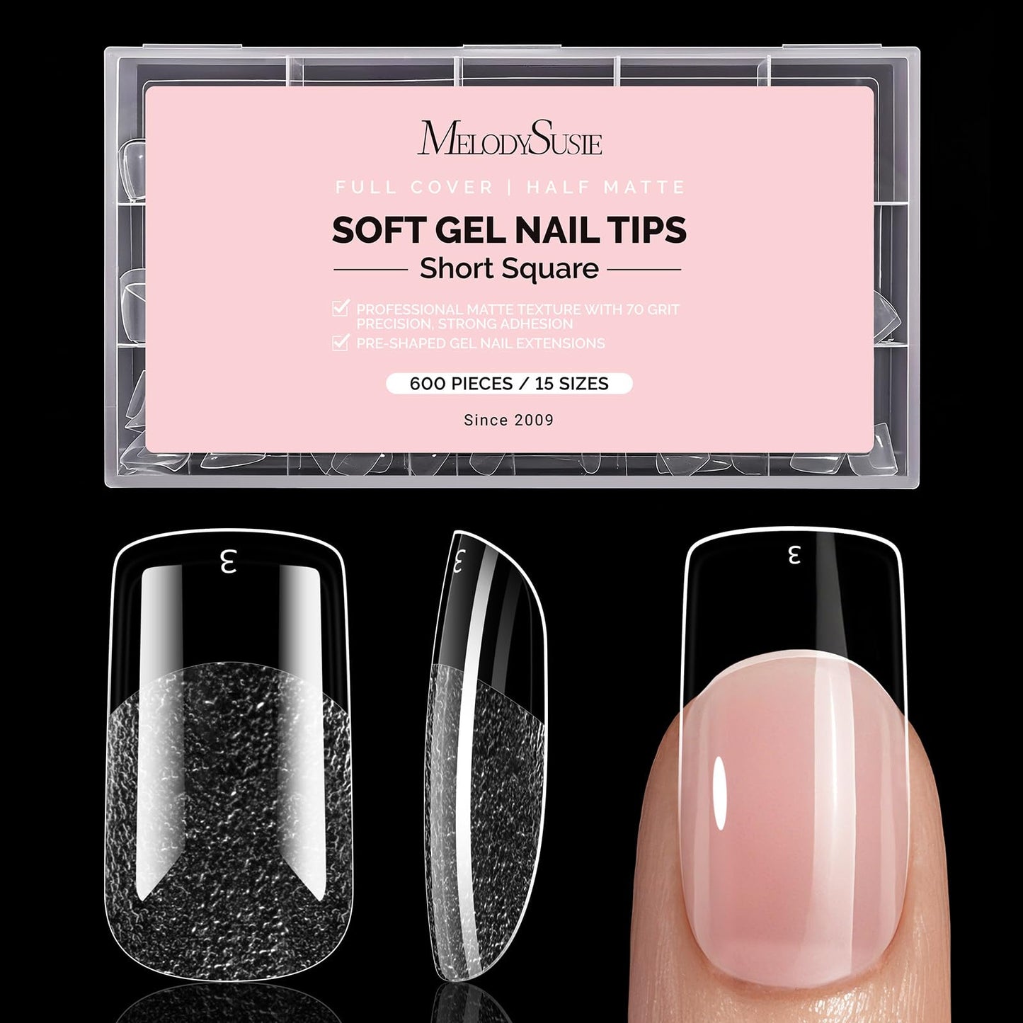 MelodySusie Short Square X Nail Tips - 600Pcs 15 Sizes Clear Acrylic, Half Matte Full Cover Press on Nails for DIY Extension & Salon Use, Pre-Shaped for Long-Lasting Manicure