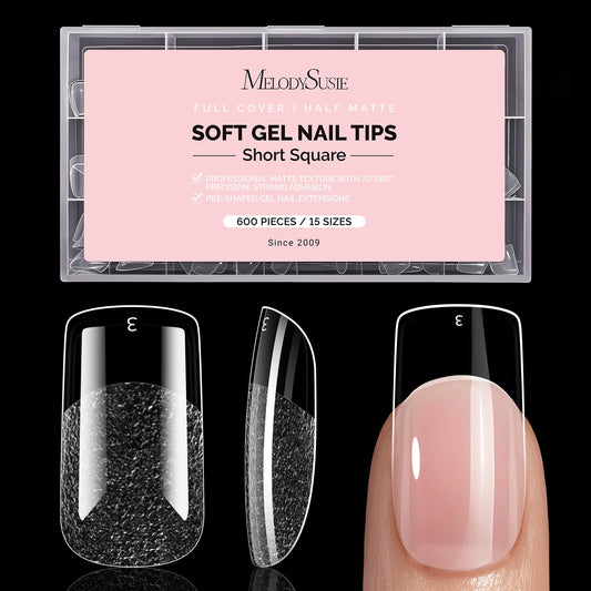 MelodySusie Short Square X Nail Tips - 600Pcs 15 Sizes Clear Acrylic, Half Matte Full Cover Press on Nails for DIY Extension & Salon Use, Pre-Shaped for Long-Lasting Manicure