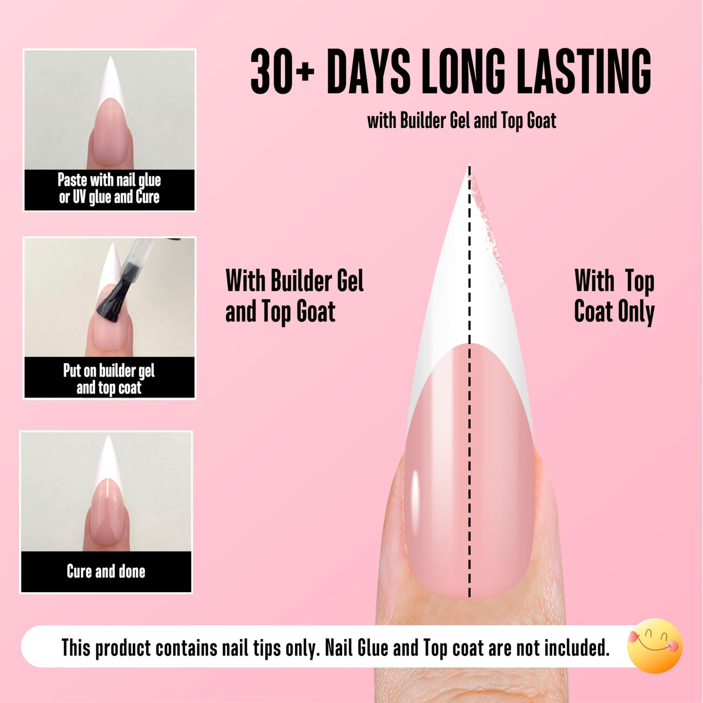 NOVO OVO White French Tip Long XL Sharp Stiletto Nail Tips Press on BABY PINK, Soft Gel Double Matte Fake Nail Extension, Full Cover False Nails for Acrylic DIY x 16 Sizes 160 pcs