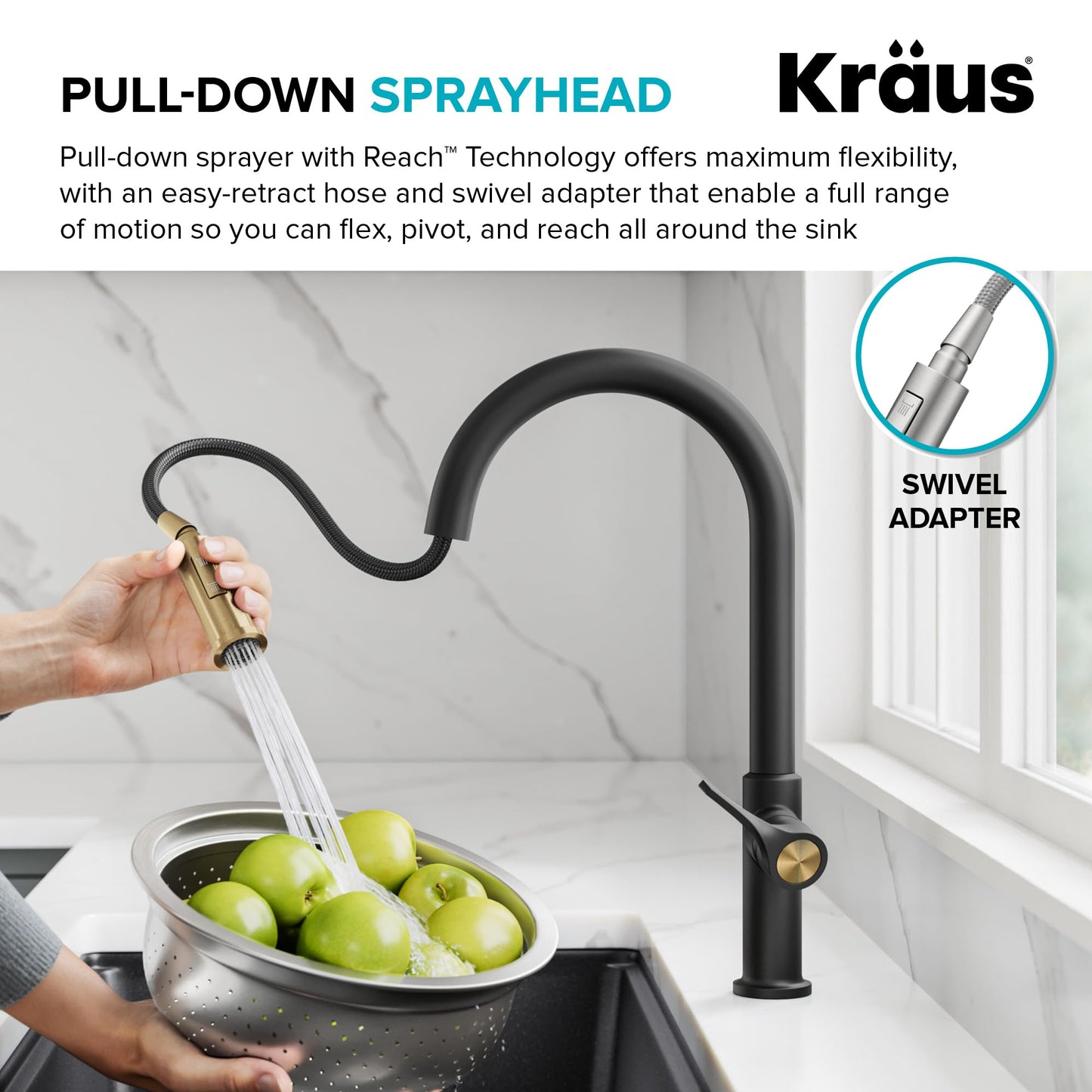 KRAUS Torak Pull Down Kitchen Faucet in Matte Black with 2 Function Sprayer, Pre-Attached Water Lines, and Mounting Hardware, KPF-2840MB