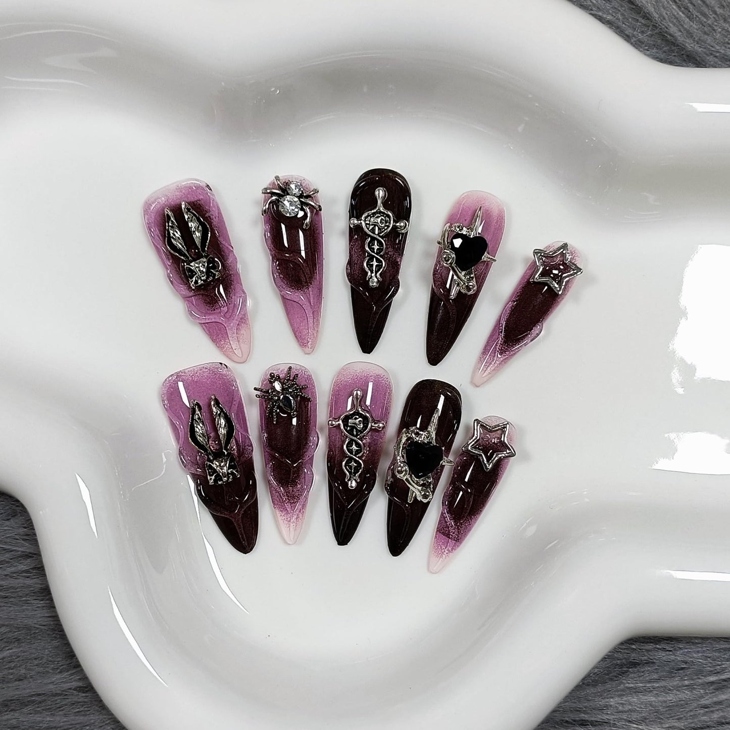 TENPAL 10Pcs Handmade Press On Nails Long Stiletto,Gothic Pink & Black Swirl Fake Nails with 3D Cross Spider Star Charms,Glossy Y2K Punk Glam Halloween Nails,Edgy Kawaii Nails for Parties Cosplay(M)