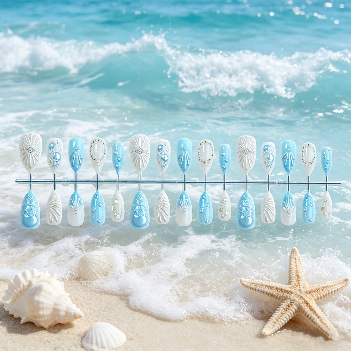 3D Jellyfish Press on Nails with Ocean Design Beach False Nails Glossy Blue Ombre French Tips Medium Almond Fake Nail Seashell Stick on Nail Pearl Glue on Artificial Fingernails for Women Summer Wear