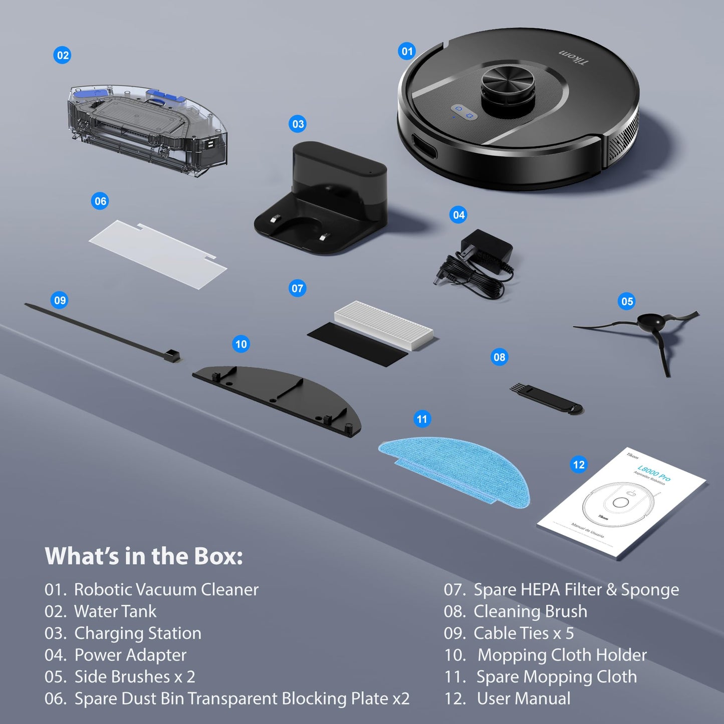 Tikom Robot Vacuum and Mop Combo, 6000Pa Automatic Robotic Vacuum Cleaner, Smart Mapping, 150 Min Max, Ideal for Pet Hair, Hardfloors, Carpets, Home(L8000 Pro)