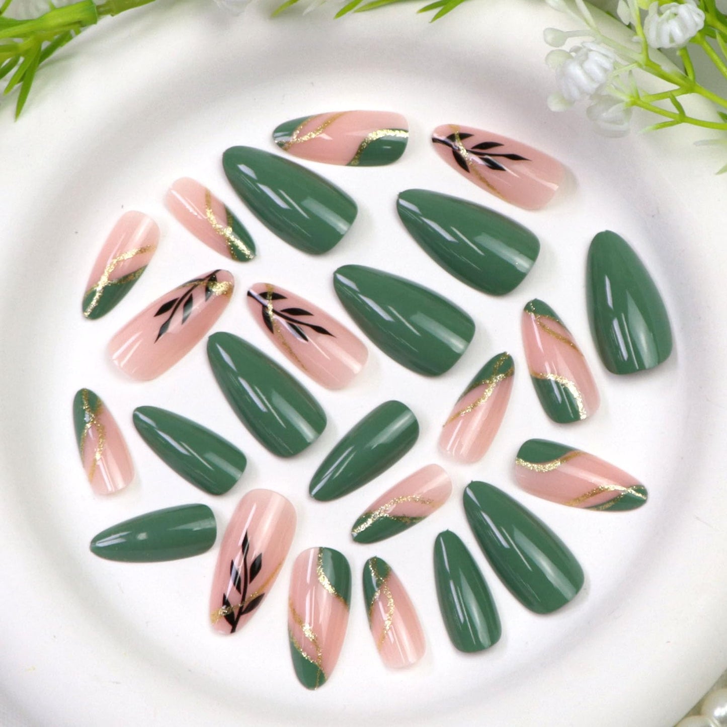 24Pcs Medium Press on Nails Almond Fake Nails with Leaves Designs Golden Glitter Glue on Nail Nude & Green Acrylic Nails Press ons Reusable Stick on Nails for Women Girls