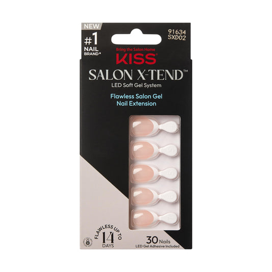 KISS Salon X-tend, Press-On Nails, Nail glue included, 'Nonsense', Light White, Short Size, Almond Shape, Includes 30 Nails, 5Ml Led Soft Gel Adhesive, 1 Manicure Stick, 1 New Mini File, New Prep Pad