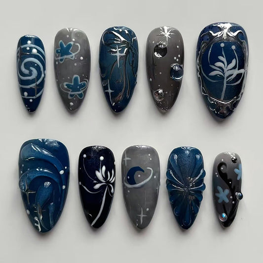 EYZOTSF Press on Almond Nails Medium Length Glossy Full Cover Acrylic Almond Shaped False Nails with Designs Artificial Fake Nail with Charms Glue Stick ons Fingernails for Women Girls(Z1110)