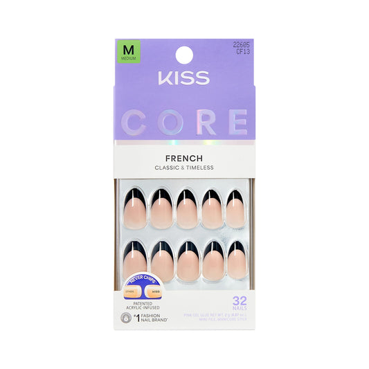 Kiss Core, Press On Nails, Nail glue included, 'Full of Fun', Black, Medium Size, Almond Shape, Includes 32 Nails, 2g Glue, 1 Manicure Stick, 1 Mini File