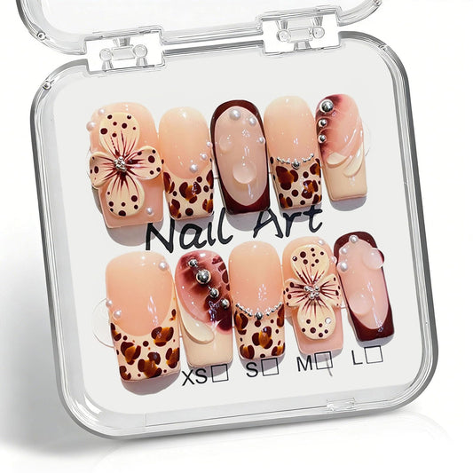 10 Pcs Handmade Press on Nails Medium Square Fake Nails with Brown Leopard Print French Tip Design 3D Flower False Nails Acrylic Nude Press Ons Nails Square M Size for Women Fall Manicure