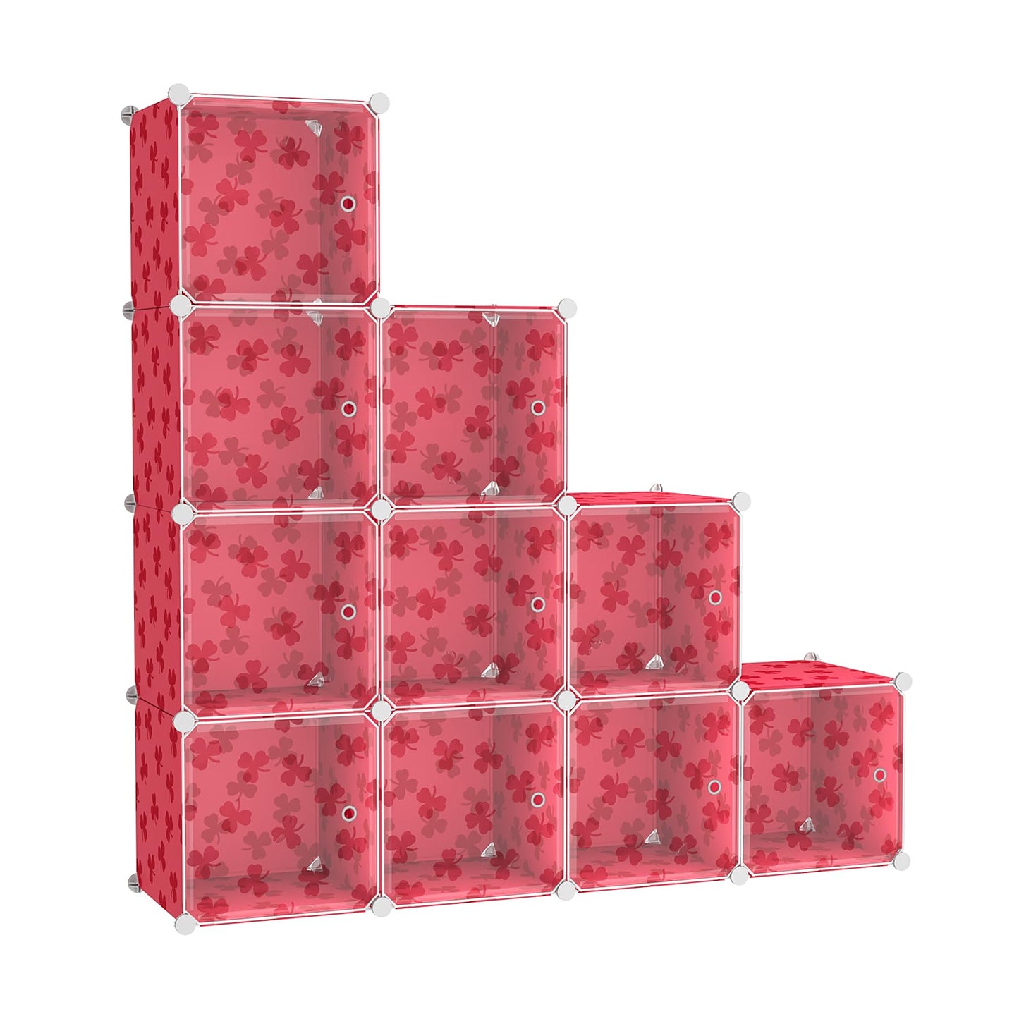 C&AHOME Cube Storage Organizer with Doors, 10-Cube Shelves, DIY Plastic Modular Bookshelf, Closet Clothes Storage Shelving Ideal for Bedroom, Living Room, Clover Embossed, Red